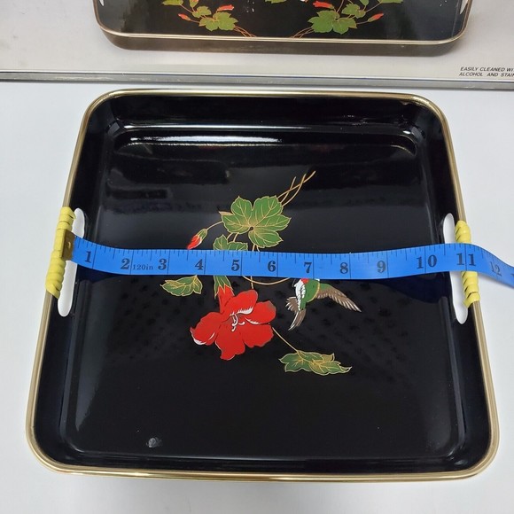 Vintage Red Orchid Lacquerware Nesting Tray Set Hibiscus And Hummingbird Motif - Picture 9 of 12